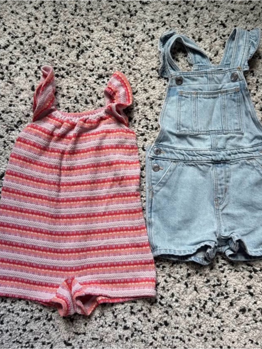 GAP Pink & Coral Striped Knit Romper & denim short overalls